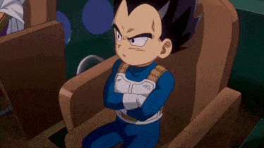 a cartoon character is sitting in a chair with his arms crossed and says please