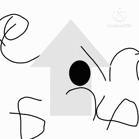 a black and white drawing of a house with a sad face and a circle in the middle .