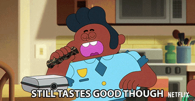 a cartoon of a man eating a waffle with the words still tastes good though netflix at the bottom
