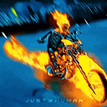 a cartoon of a ghost rider riding a motorcycle with the words just human written below him