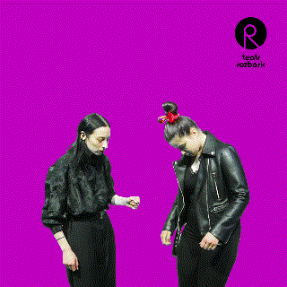 two women are standing next to each other on a purple background with the word rozbark on the bottom