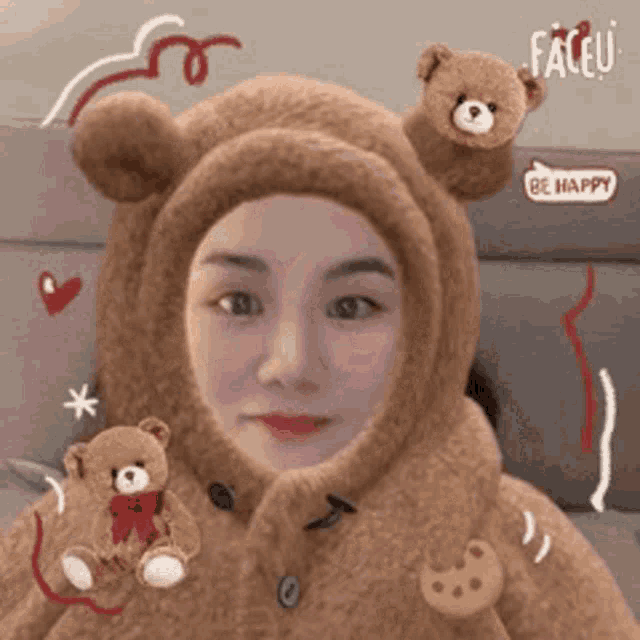 a woman is wearing a teddy bear costume with teddy bears around her .