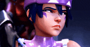 a close up of a person 's face with a purple hat on