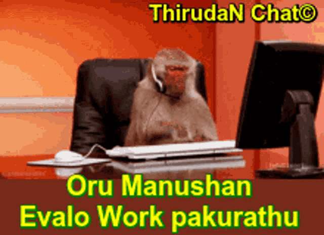 a monkey wearing a headset sits at a desk in front of a computer screen