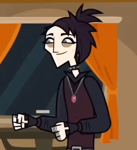 a cartoon character wearing a choker and a necklace is standing in front of a window
