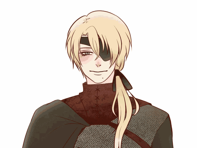 a drawing of a man with long blonde hair and a blindfold on his eye