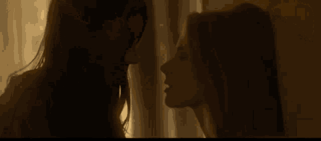 a couple of women are kissing in front of a window in a dark room .