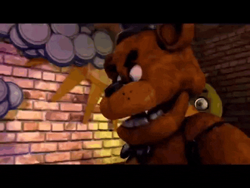 a cartoon of a teddy bear standing in front of a brick wall .