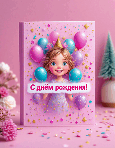 a pink book with a girl and balloons and the words " с днем рождения "