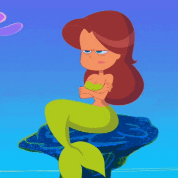 a cartoon drawing of a mermaid sitting on a rock with her arms crossed