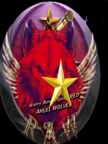 a picture of a red wolf with wings and a yellow star says happy anniversary angel wolves