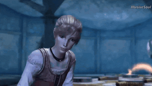 a woman in a video game is standing in a dark room with illusive soul written on the bottom