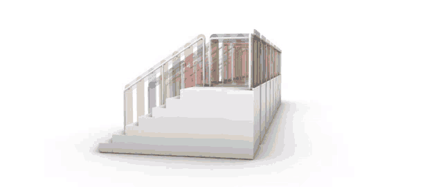 a white staircase with a rainbow colored railing on a white background