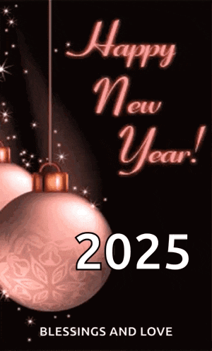 a happy new year greeting card with a pink christmas ornament