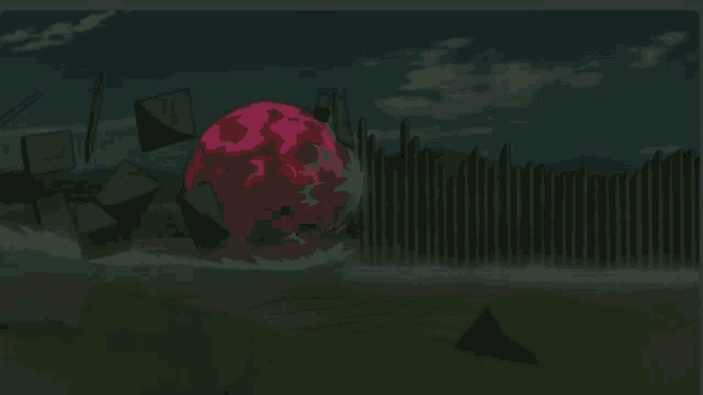 a red sphere is surrounded by a fence and boxes