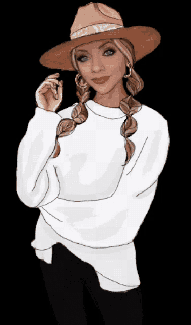 a woman wearing a white sweater and a brown hat