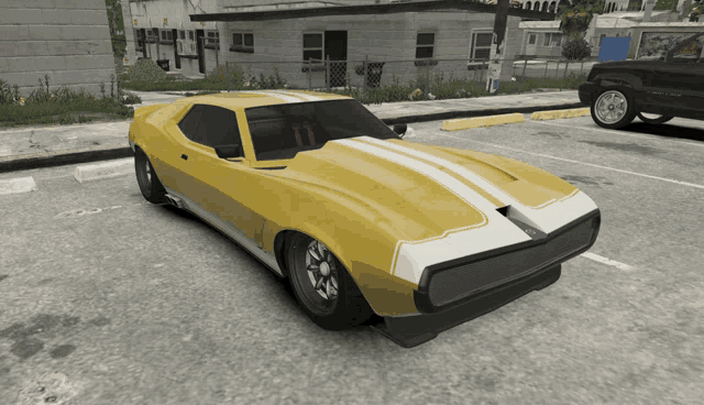 a yellow car with a white stripe on the hood is parked in a parking lot