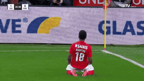 a soccer player with the number 18 on his back is kneeling on the field