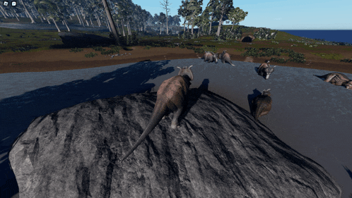 a screenshot of a video game shows a kangaroo standing on a rock near a river