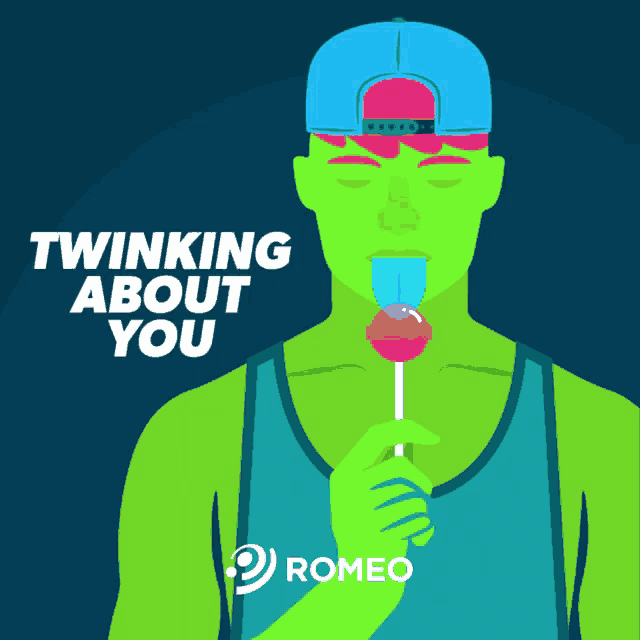 a green man eating a lollipop with the words twinking about you behind him