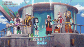 a group of anime characters are standing in front of a building with chinese writing on the bottom