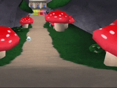 a video game scene with red mushrooms on the side of the road