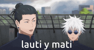 a couple of anime characters standing next to each other with the words lauti y mati written in white