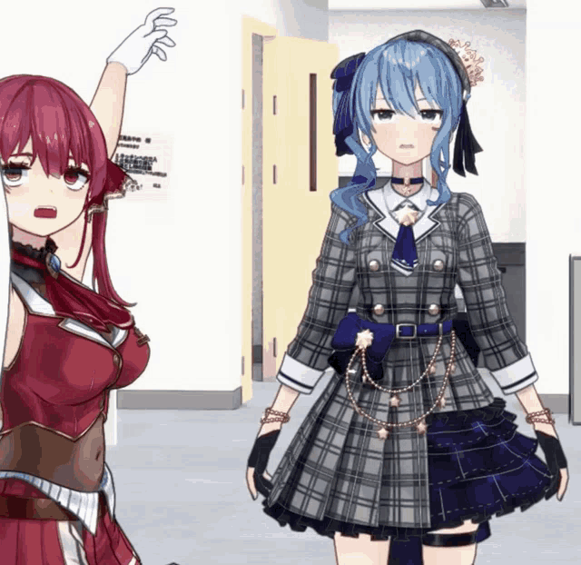 a girl with red hair is standing next to a girl with blue hair in a plaid dress