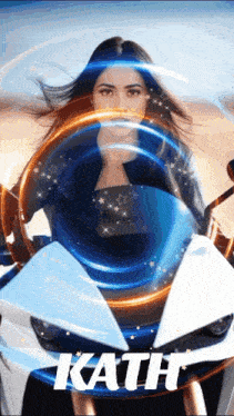 a woman is riding a motorcycle with the name kath written on the side