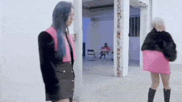 a woman in a pink skirt is standing next to another woman in a black jacket in a room .