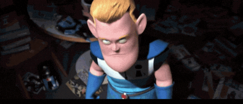 a cartoon character with the letter i on his chest is standing in a room