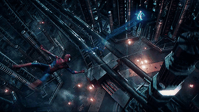 a spider man is hanging from a rope with a lightning bolt coming out of his legs