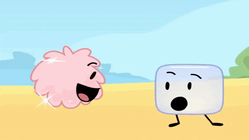 a cartoon ice cube and a cartoon fluffy ball are standing next to each other on a beach