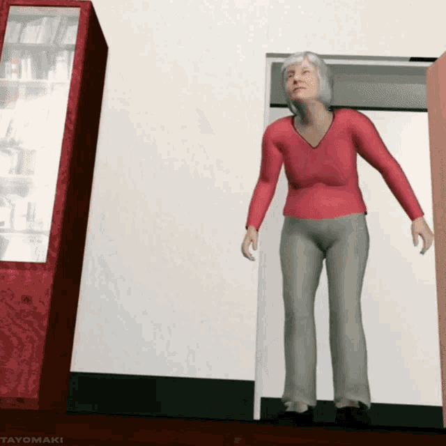 a woman in a pink shirt and grey pants is standing in a doorway next to a tayomaki vending machine