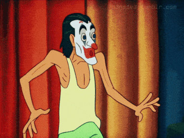 a cartoon character wearing a clown mask is standing in front of a red curtain with tumblr.com written on the bottom