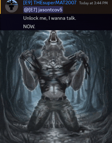 a painting of a werewolf with the words unlock me i wanna talk now below it