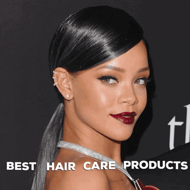 a close up of a woman 's face with the words best hair care products on the bottom