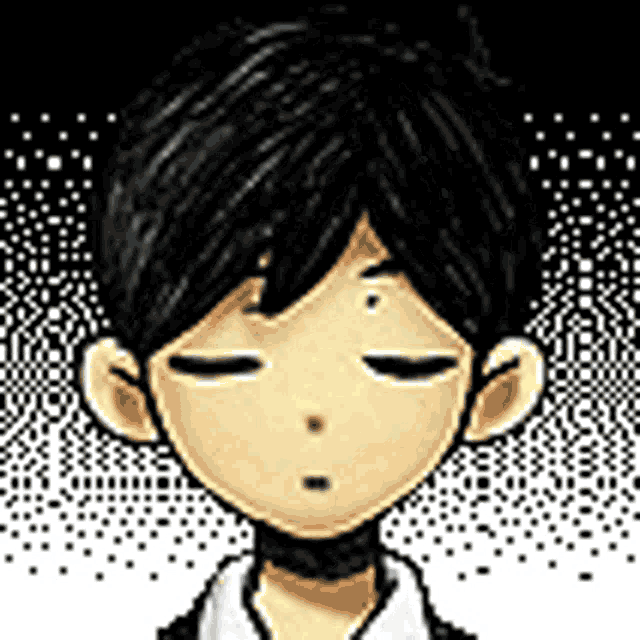 a pixel art of a boy with his eyes closed and a black background .