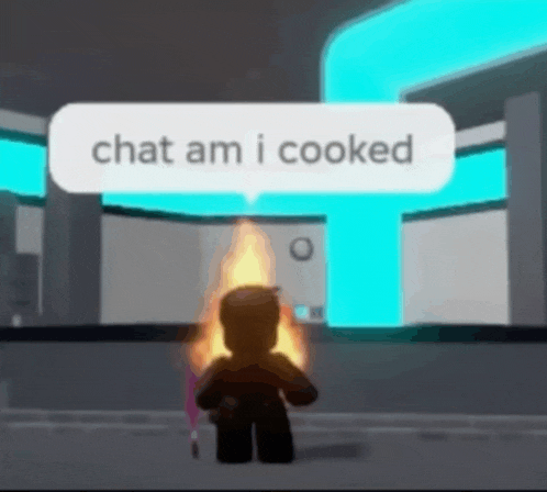 a cartoon character is standing in front of a fire and a speech bubble that says chat am i cooked .