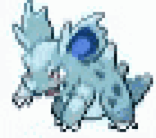 a pixel art of a pokemon with a blue eye and a blue tail .