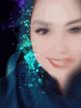 a close up of a woman 's face with a purple and blue background