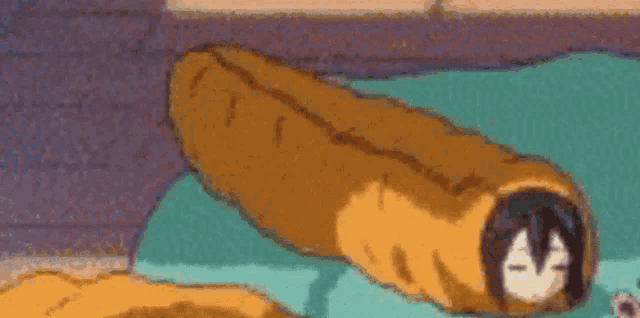 a cartoon character is wrapped in a sleeping bag and laying on a bed .