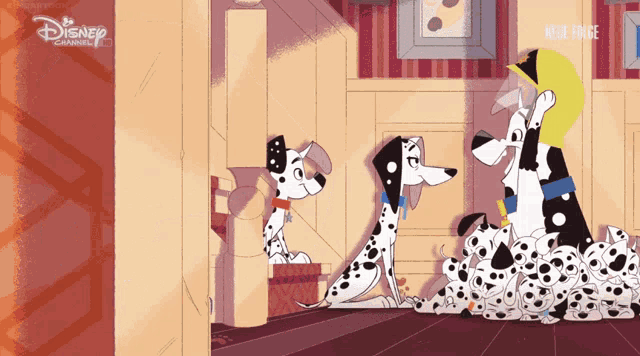 three dalmatian dogs are standing next to each other in a room with a disney logo in the corner