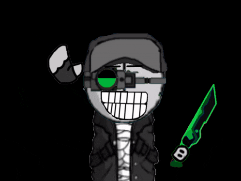 a cartoon character is holding a green knife with a number 8 on it
