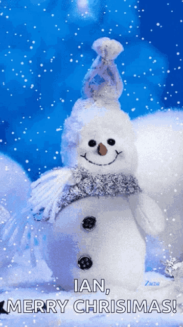 a merry christmas greeting with a snowman and the name ian