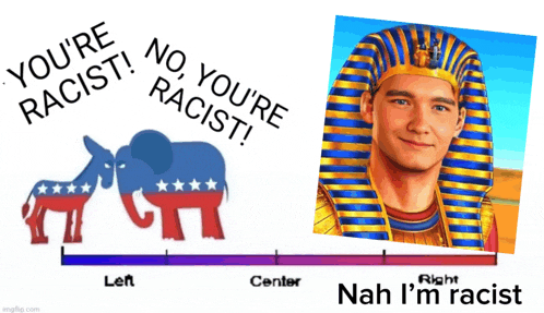 a poster that says you 're racist no you 're racist next to a picture of a pharaoh