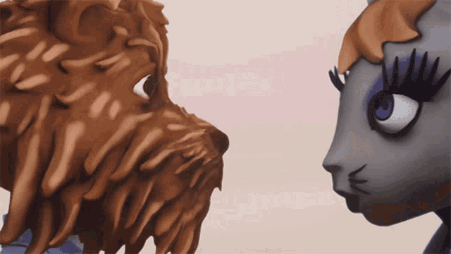 a close up of a painting of a lion and a pony looking at each other