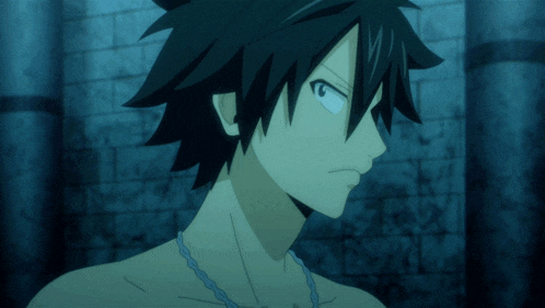 a shirtless anime character with a necklace around his neck looks at the camera