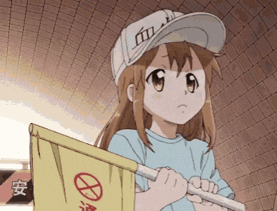 a girl wearing a white hat is holding a yellow flag with a red circle on it