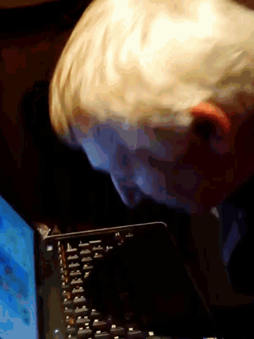 a close up of a person looking at a laptop with a blue screen